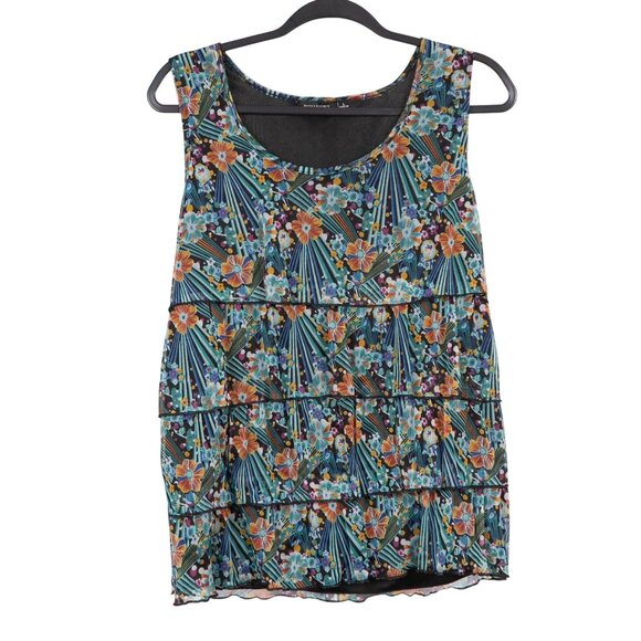 Notations Floral Tank L Womens Tiered Ruffle Sleeveless Scoop Neck Blouse Green - Picture 1 of 6